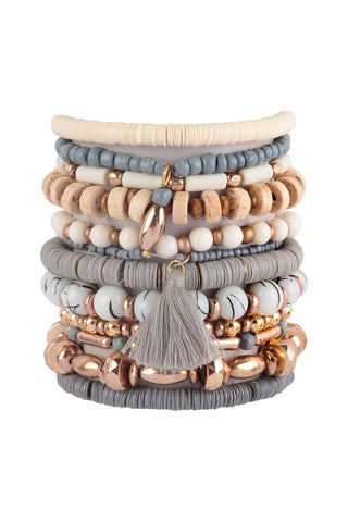 WOOD BEAD WITH NATURAL STONE LAYERED BRACELET SET