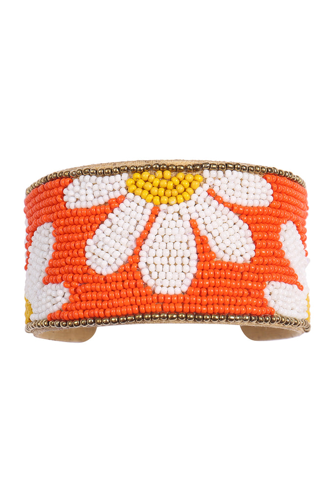 DAISY FLOWER SEED BEAD WIDE CUFF BRACELET