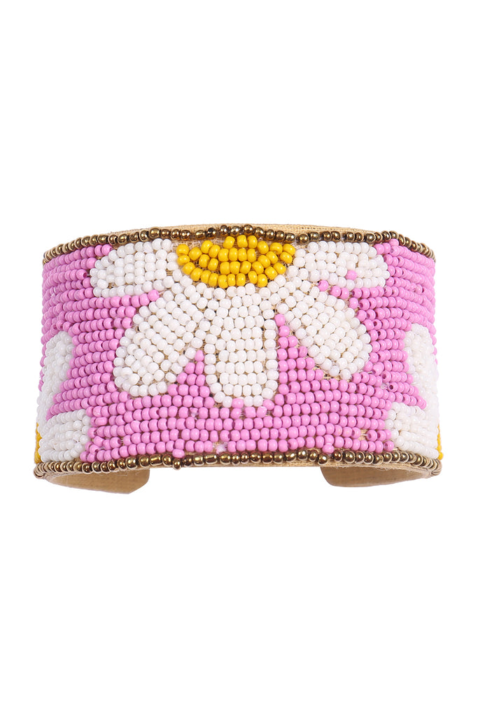 DAISY FLOWER SEED BEAD WIDE CUFF BRACELET
