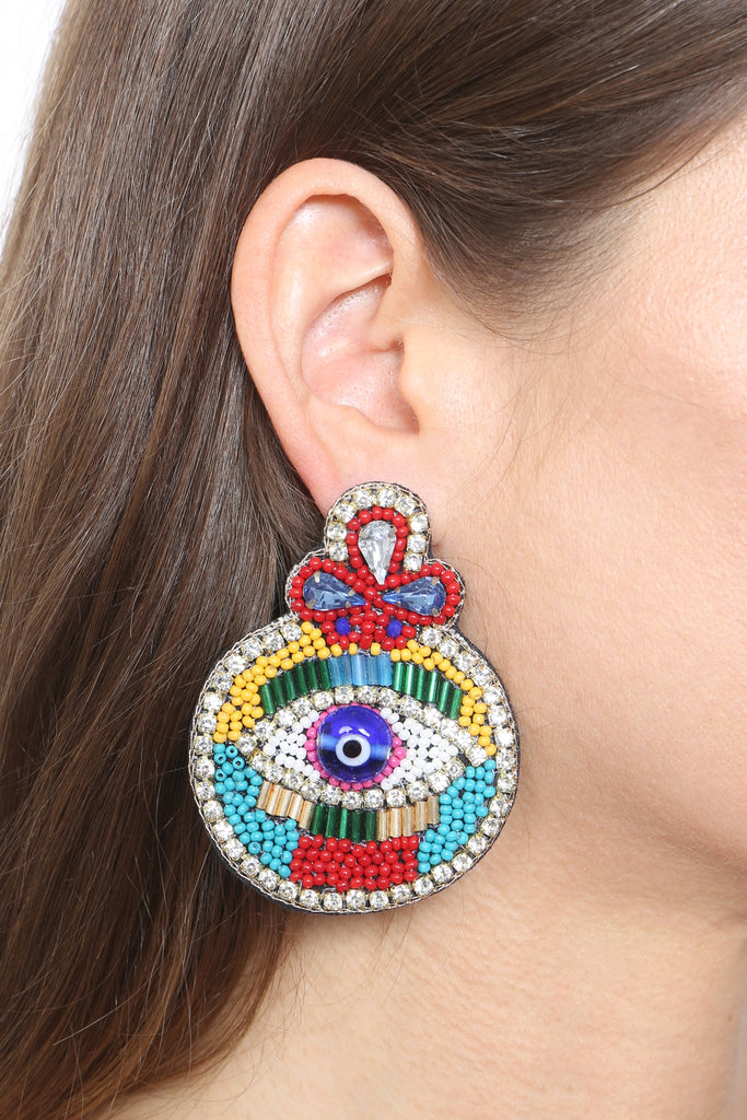 EVIL EYE CHARM SEED BEAD POST DANGLE EARRINGS