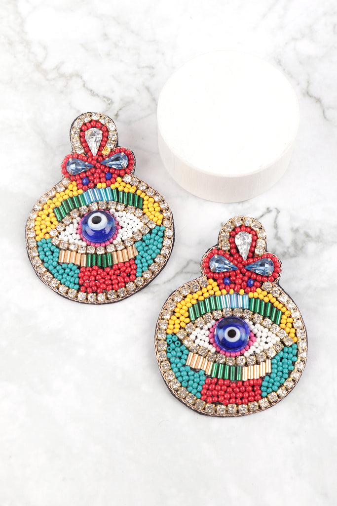 EVIL EYE CHARM SEED BEAD POST DANGLE EARRINGS