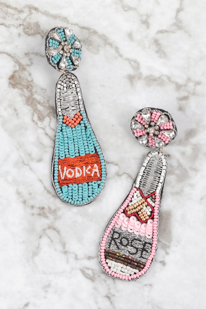 VODKA BOTTLE SEED BEAD W/ RHINESTONE DROP EARRINGS