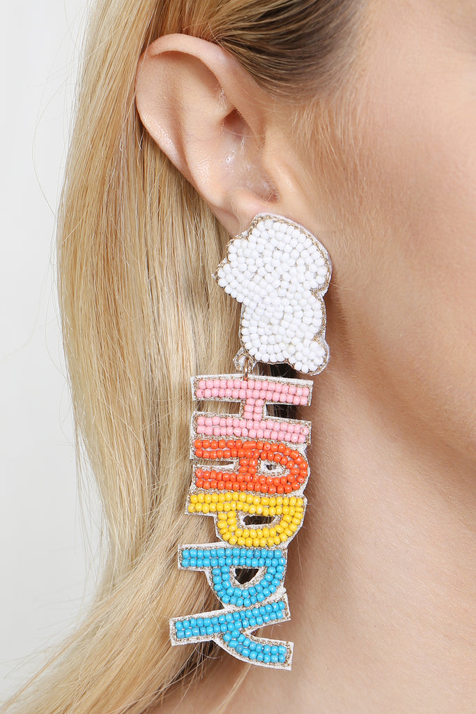 HAPPY EASTER RABBIT SEED BEAD POST DROP EARRINGS