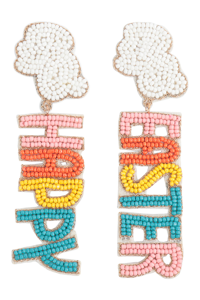 HAPPY EASTER RABBIT SEED BEAD POST DROP EARRINGS