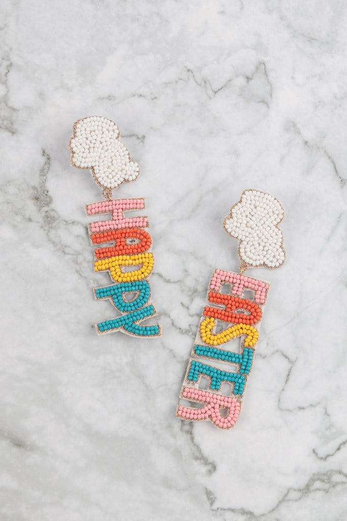 HAPPY EASTER RABBIT SEED BEAD POST DROP EARRINGS