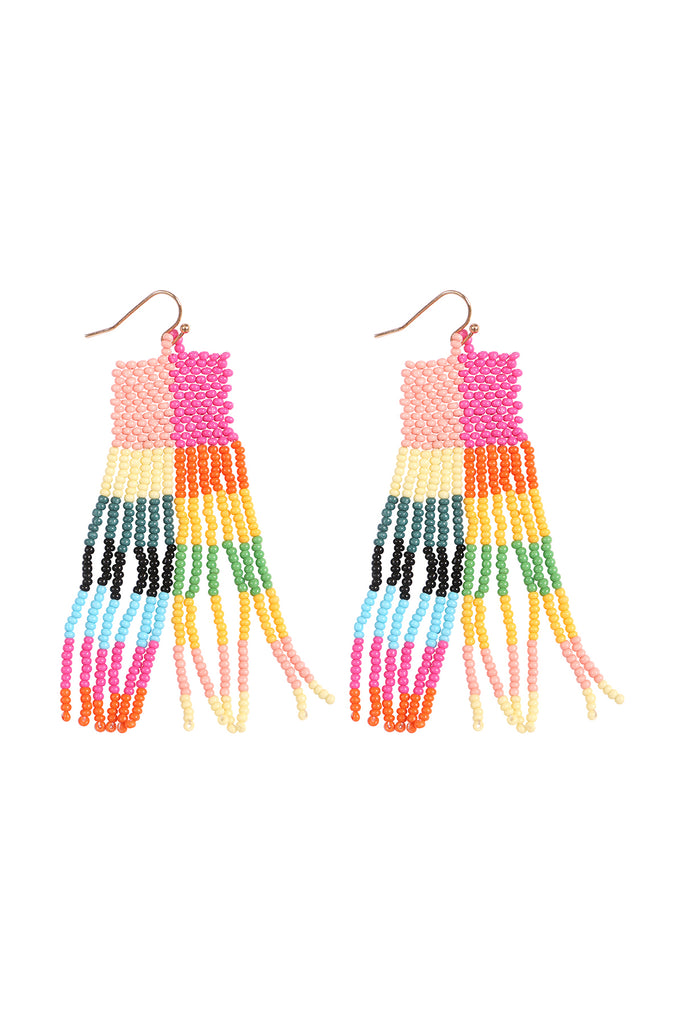 BOHO SQUARE SEED BEAD FRINGE DROP EARRINGS