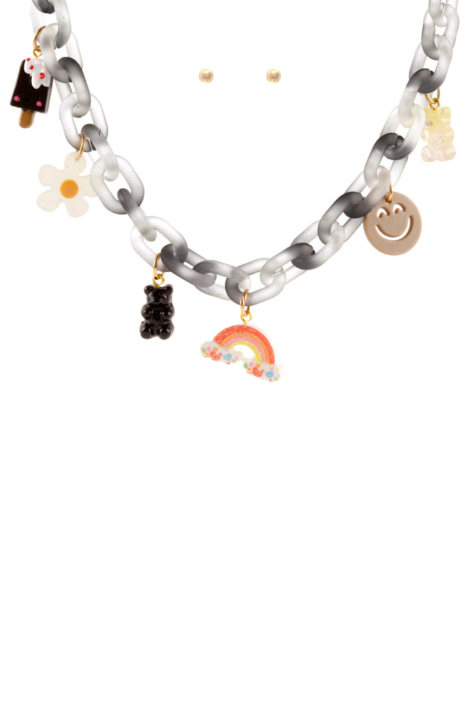 ACETATE CHAIN CHARM DAINTY NECKLACE AND EARRING SET