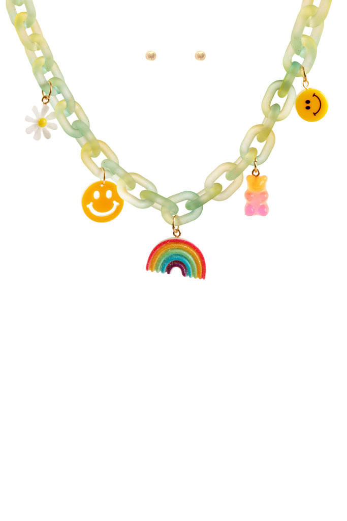 ACETATE CHAIN CHARM DAINTY NECKLACE AND EARRING SET