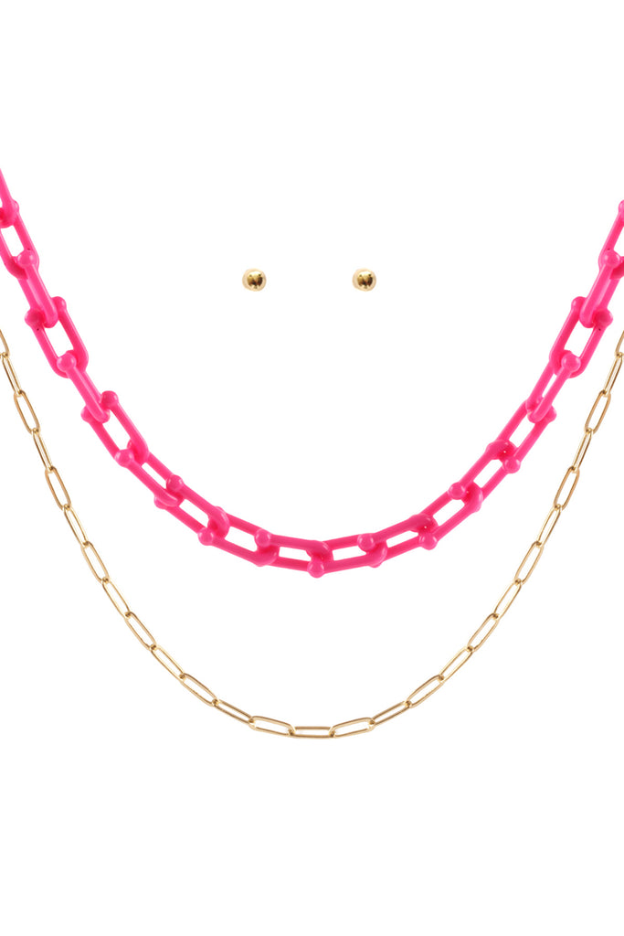 ACETATE METAL LINK LAYERED NECKLACE AND EARRING SET