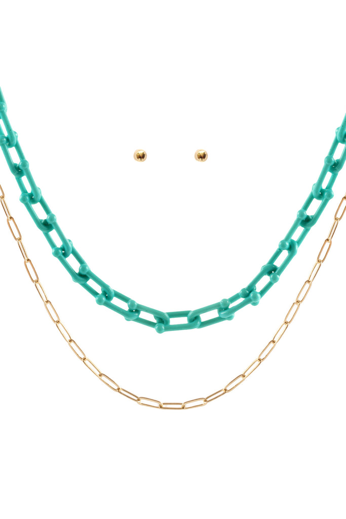 ACETATE METAL LINK LAYERED NECKLACE AND EARRING SET