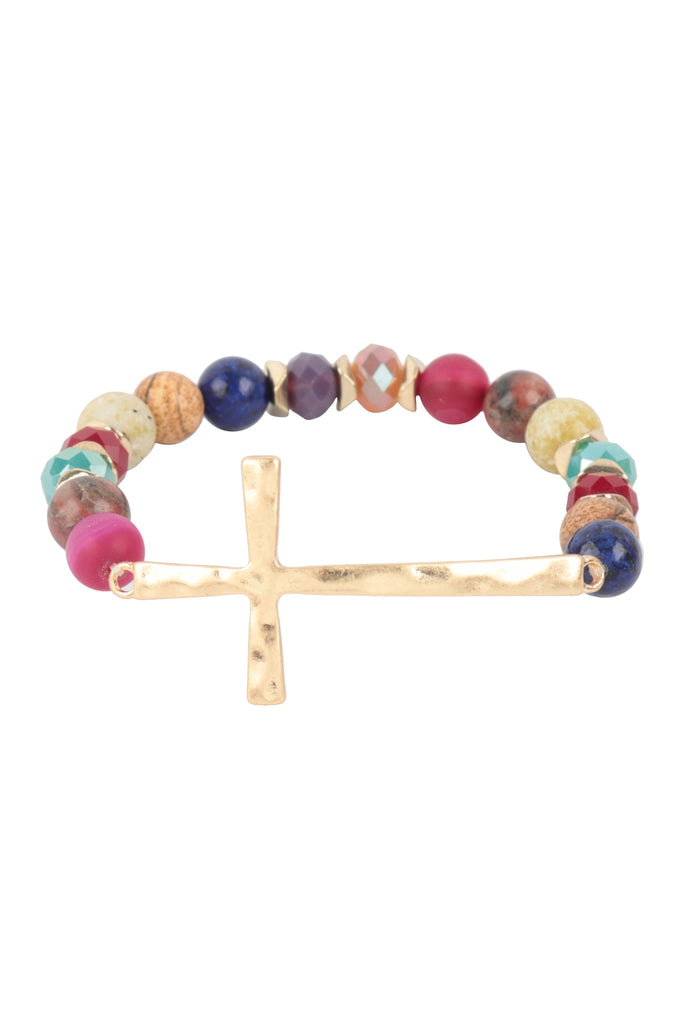 HDB2998 - MIX BEADS HAMMERED CROSS BRACELET