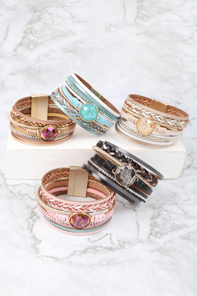 HDB3273 - LEATHER WRAP WITH CRYSTAL CHARM MAGNETIC LOCK BRACELET