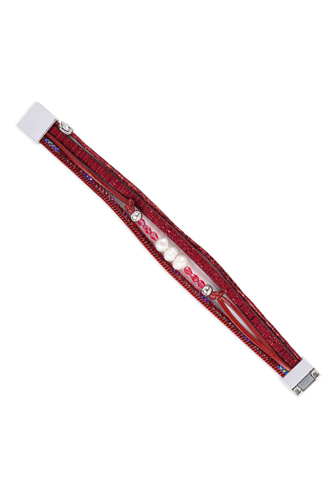 PEARL GLASS BEAD LEATHER MIX MAGNETIC LOCK BRACELET