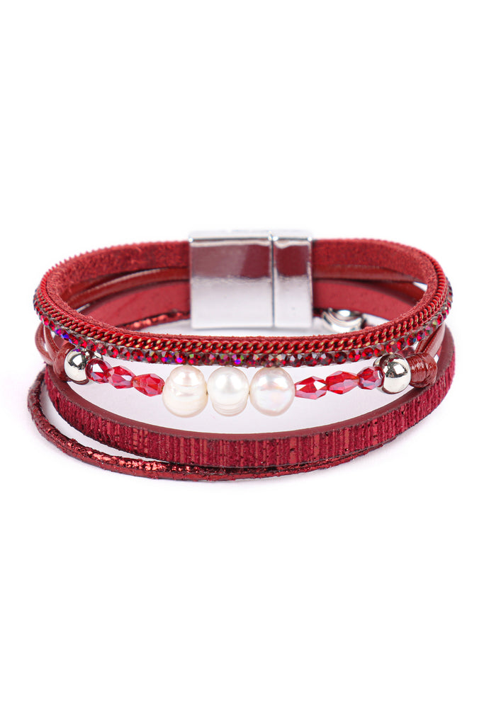 PEARL GLASS BEAD LEATHER MIX MAGNETIC LOCK BRACELET