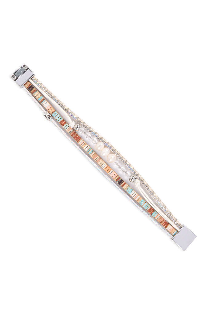 PEARL GLASS BEAD LEATHER MIX MAGNETIC LOCK BRACELET