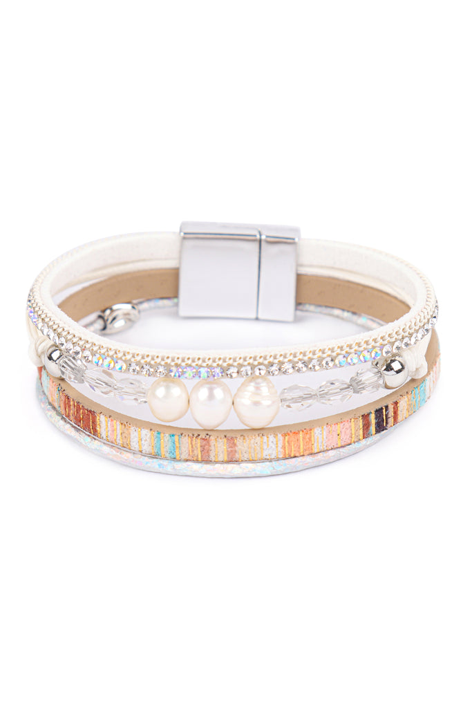 PEARL GLASS BEAD LEATHER MIX MAGNETIC LOCK BRACELET