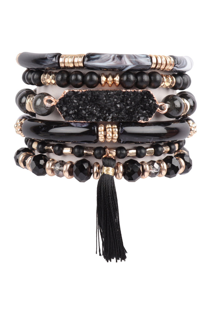 CHARM MIX BEADS TUBULAR DRUZY W/ TASSEL VERSATILE BRACELET