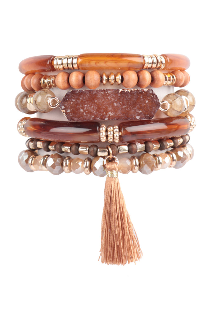 CHARM MIX BEADS TUBULAR DRUZY W/ TASSEL VERSATILE BRACELET