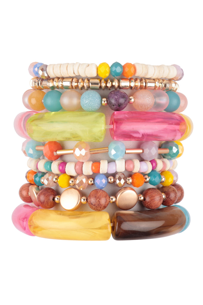 MIX BEADS, TUBULAR, WOOD, RONDELLE, CHARM VERSATILE STRETCH BRACELET