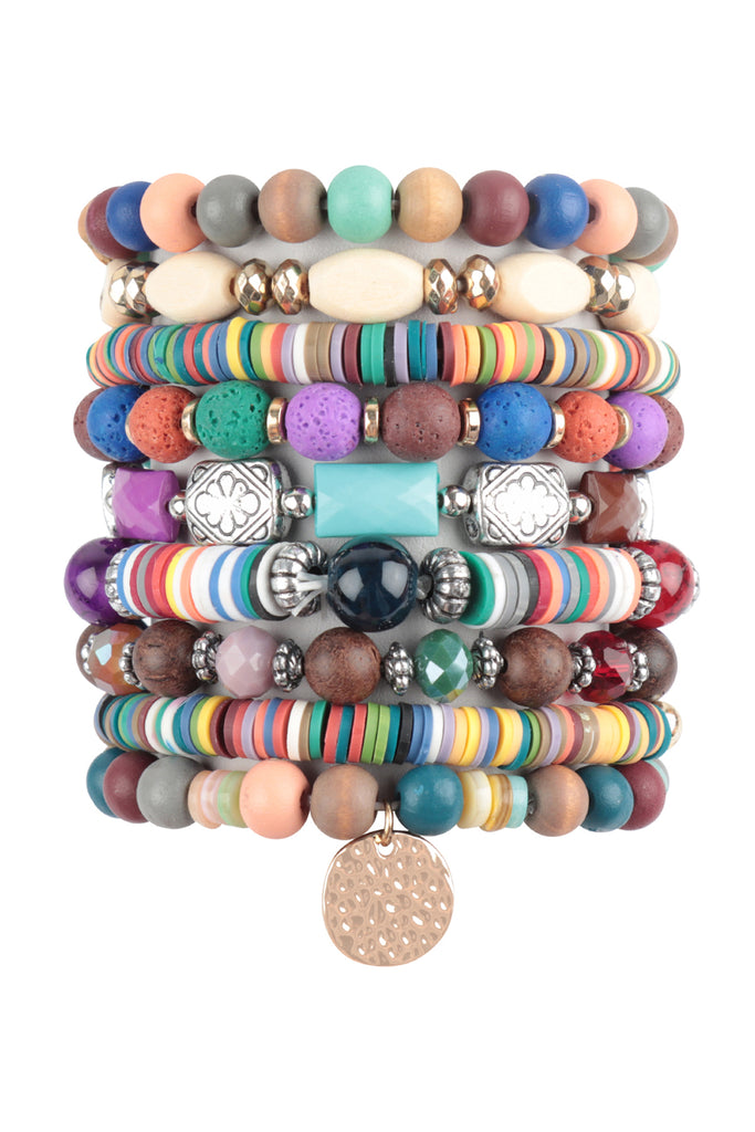 MIX BEADS STONE, FIMO DISK PENDANT LAYERED STACKABLE VERSATILE CHARM BRACELET