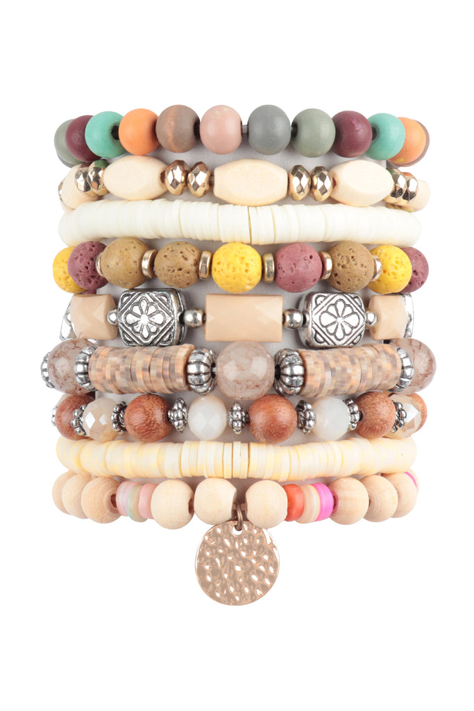 MIX BEADS STONE, FIMO DISK PENDANT LAYERED STACKABLE VERSATILE CHARM BRACELET