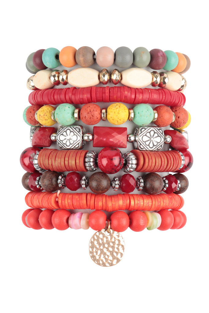MIX BEADS STONE, FIMO DISK PENDANT LAYERED STACKABLE VERSATILE CHARM BRACELET