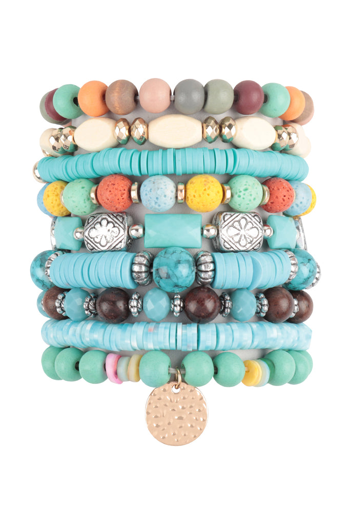 MIX BEADS STONE, FIMO DISK PENDANT LAYERED STACKABLE VERSATILE CHARM BRACELET