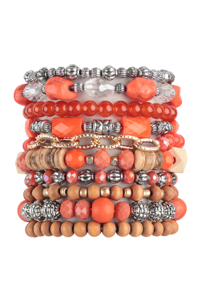 WOOD MIX BEADS CHAIN GLASS BEADS CHARM VERSATIEL BRACELET SET