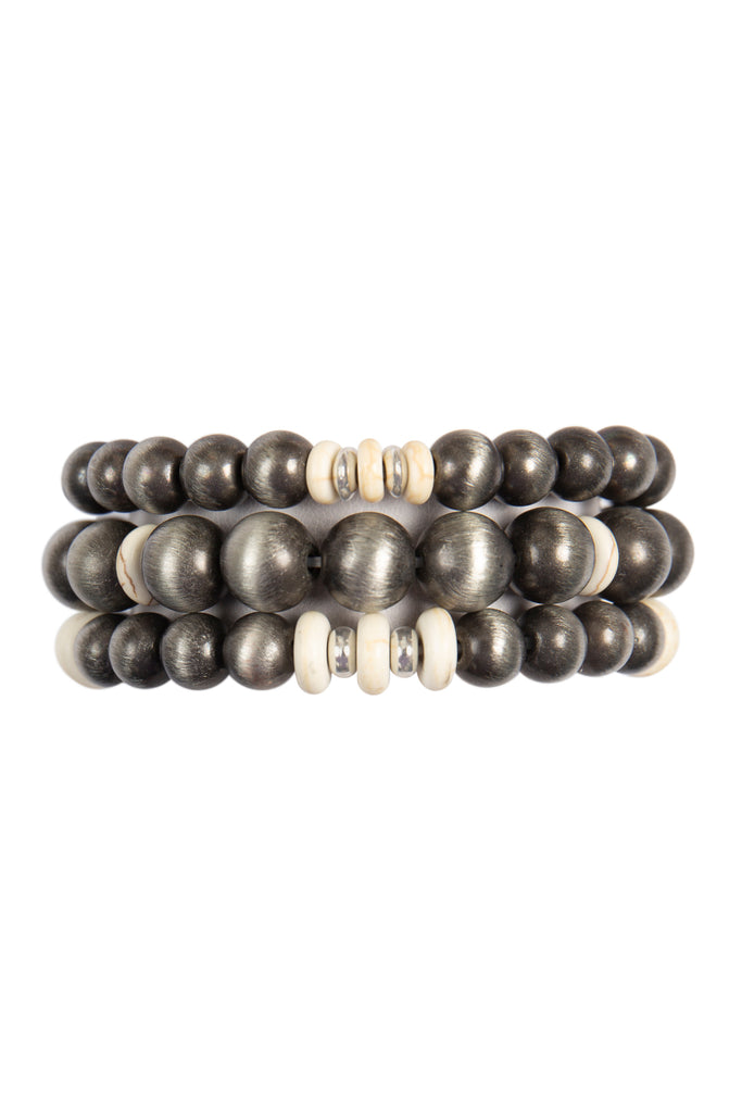 WOOD BEAD WITH NATURAL STONE LAYERED BRACELET SET