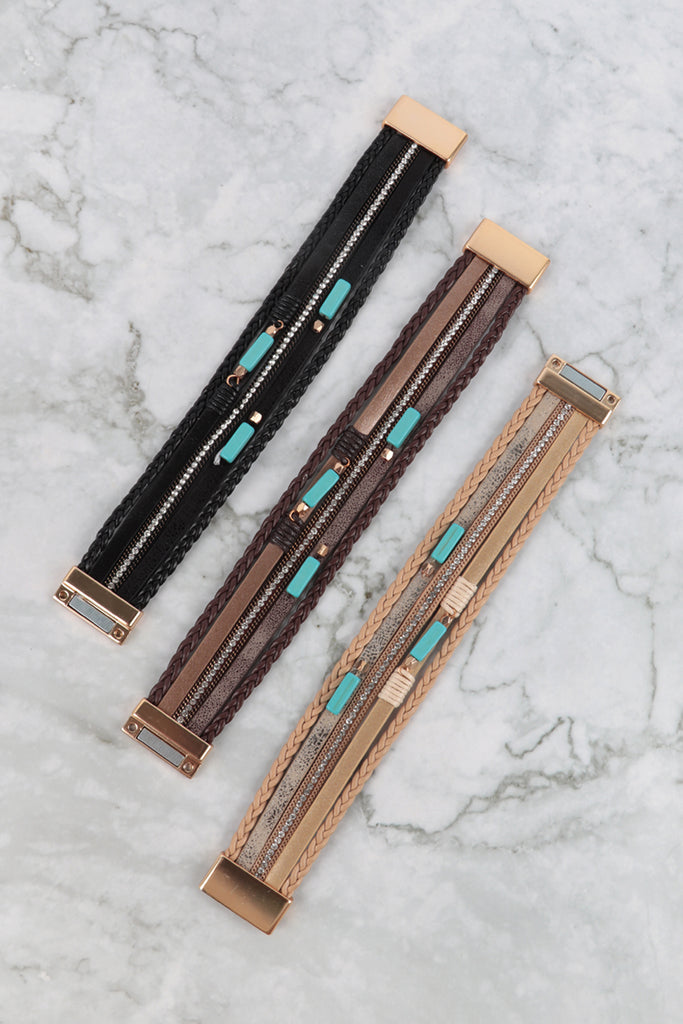 BRAIDED LEATHER NATURAL STONE MAGNETIC LOCK BRACELET