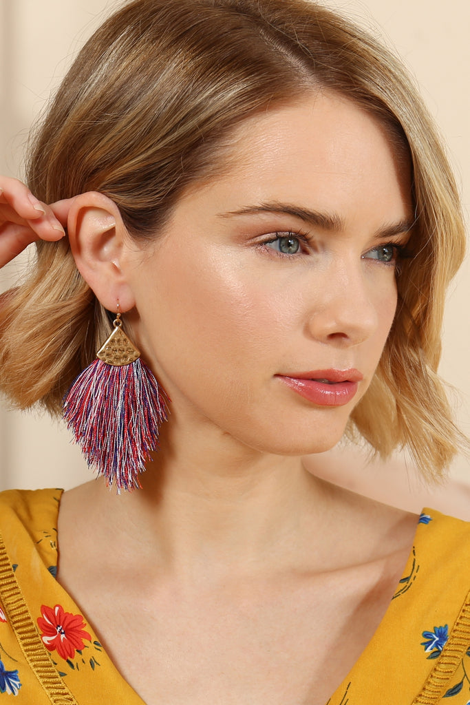 TASSEL WITH HAMMERED METAL HOOK DROP EARRINGS