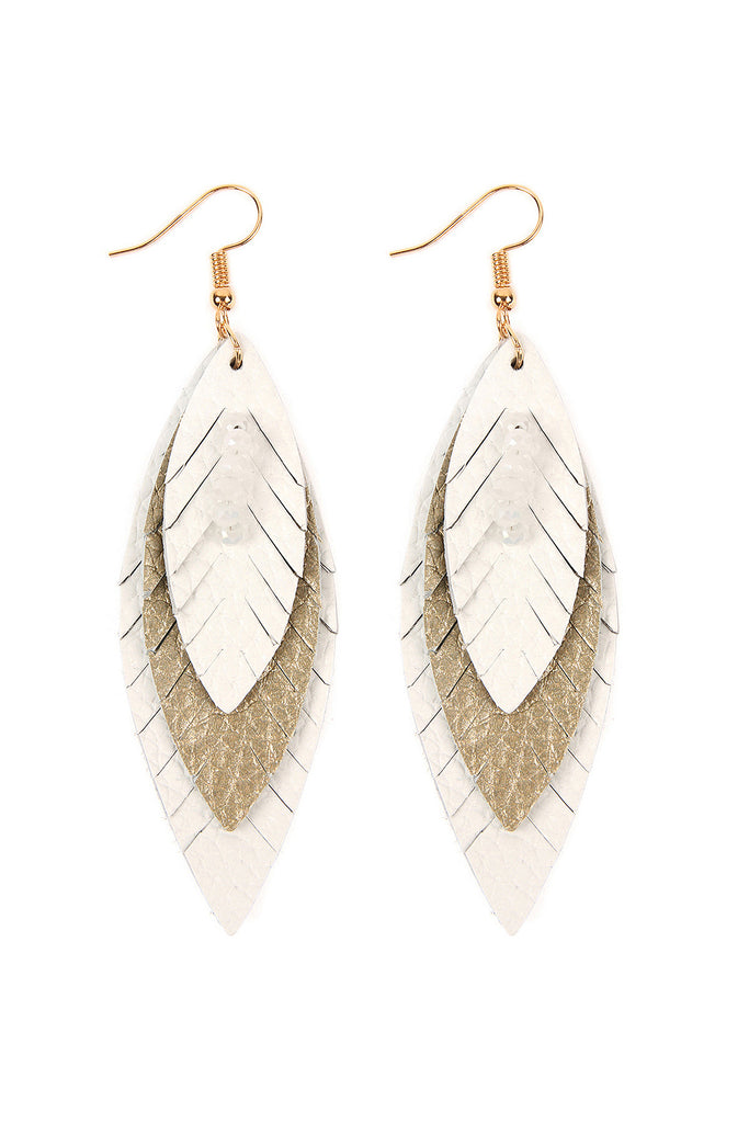 THREE LAYER FRINGE LEATHER MARQUISE EARRINGS