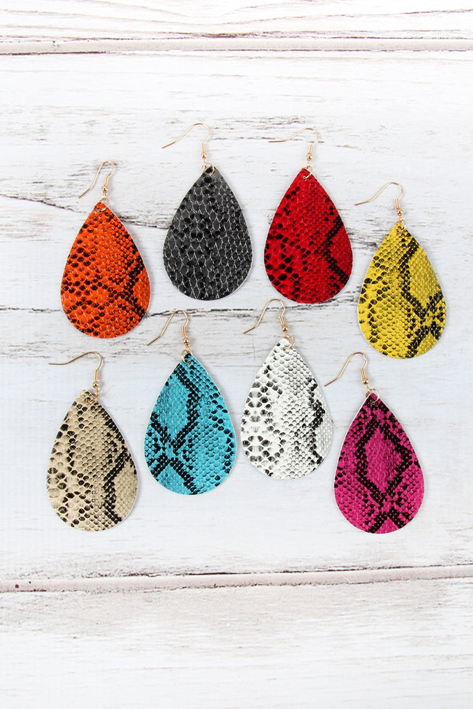 Snake Skin Leather Teardrop Earrings