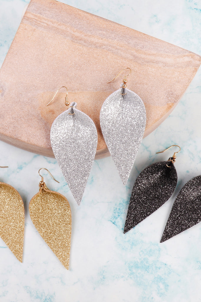 PINCHED GLITTERY LEATHER DROP EARRINGS