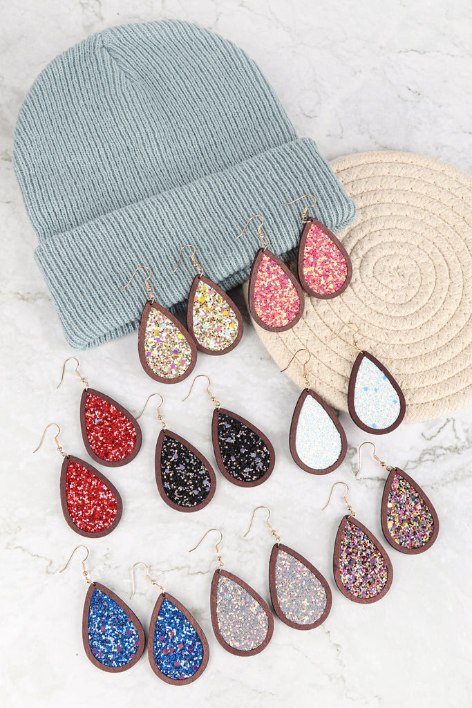 SEQUIN GLITTER WOOD TEARDROP HOOK EARRING