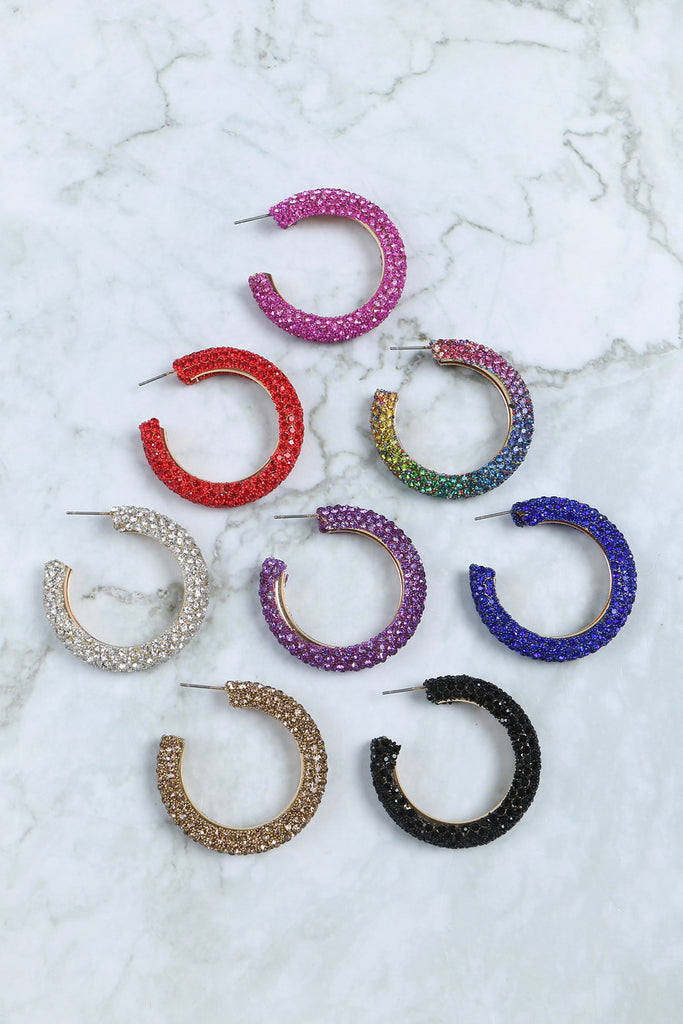 COLORED PAVE RHINESTONE HOOP EARRINGS