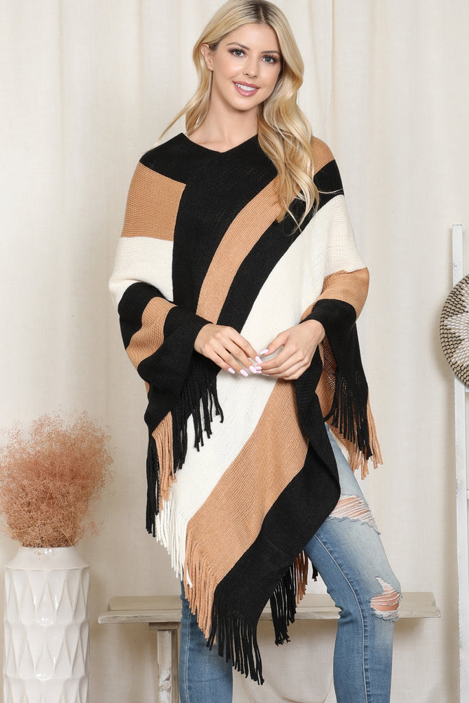 HDF2099 - COLOR BLOCK FRINGE PONCHO