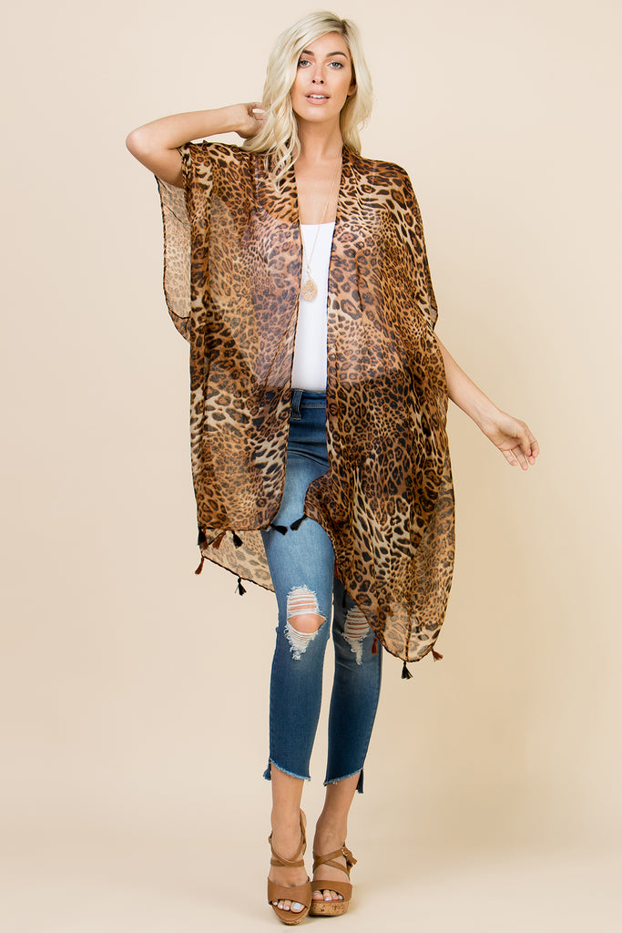 OPEN FRONT LEOPARD TASSEL CARDIGAN