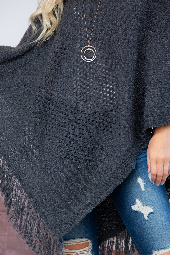 GRAY SOFT KNIT FRINGE PONCHO