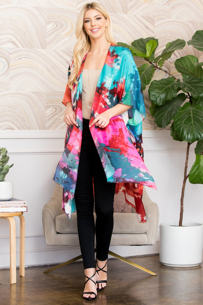 DISTRESSED PAINT STYLE OPEN FRONT KIMONO