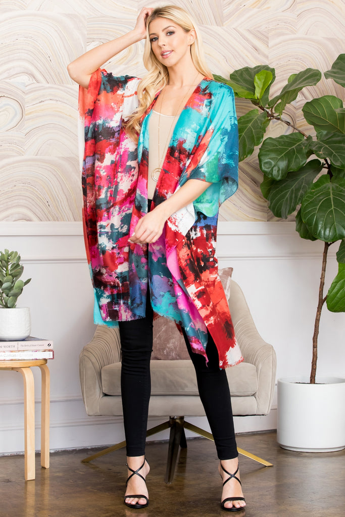 DISTRESSED PAINT STYLE OPEN FRONT KIMONO