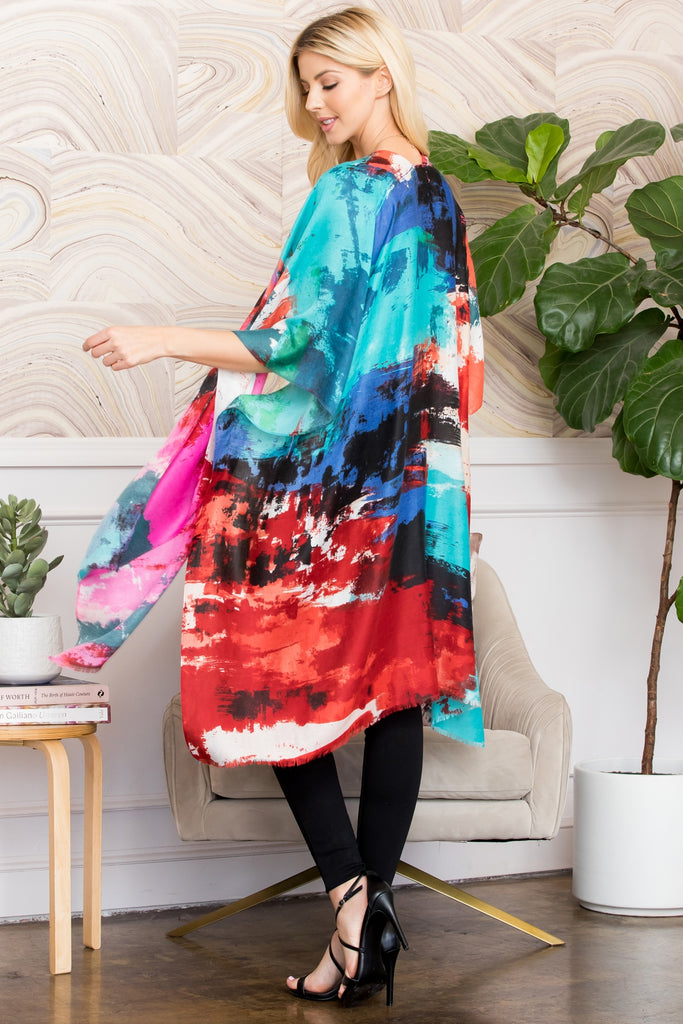 DISTRESSED PAINT STYLE OPEN FRONT KIMONO