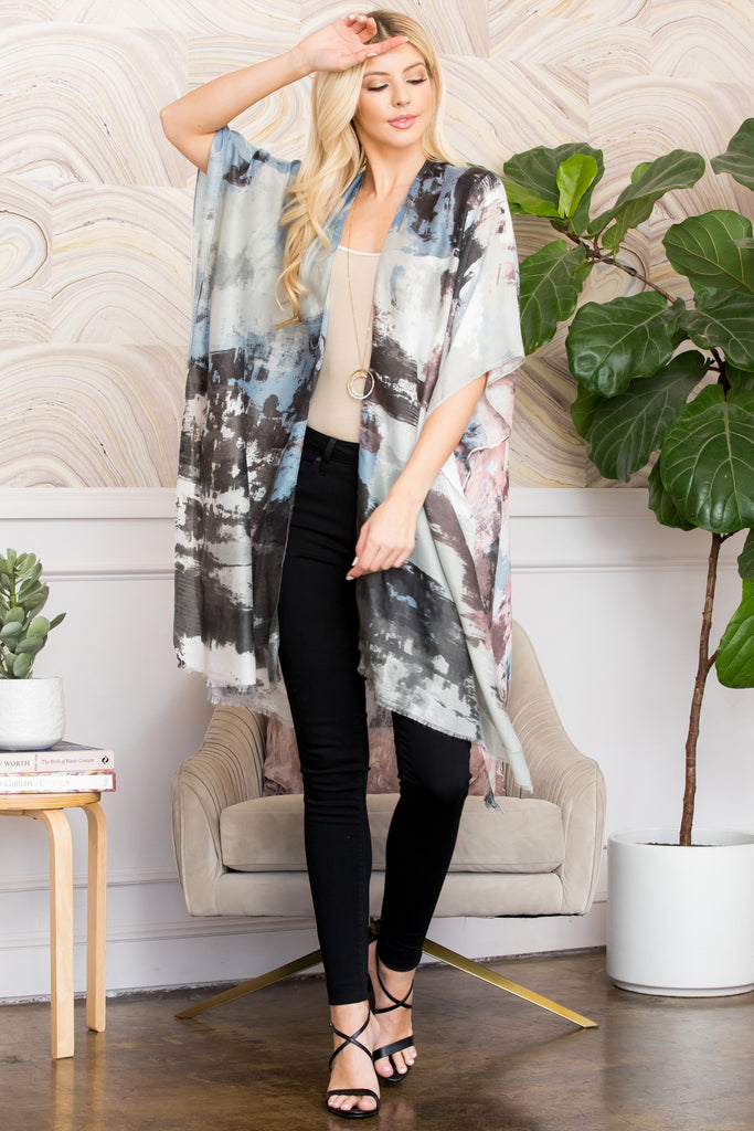 DISTRESSED PAINT STYLE OPEN FRONT KIMONO