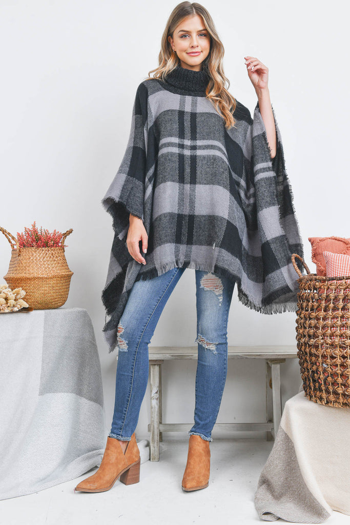 PLAID KNITTED TURTLEKNECK PONCHO