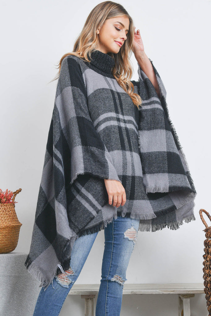PLAID KNITTED TURTLEKNECK PONCHO
