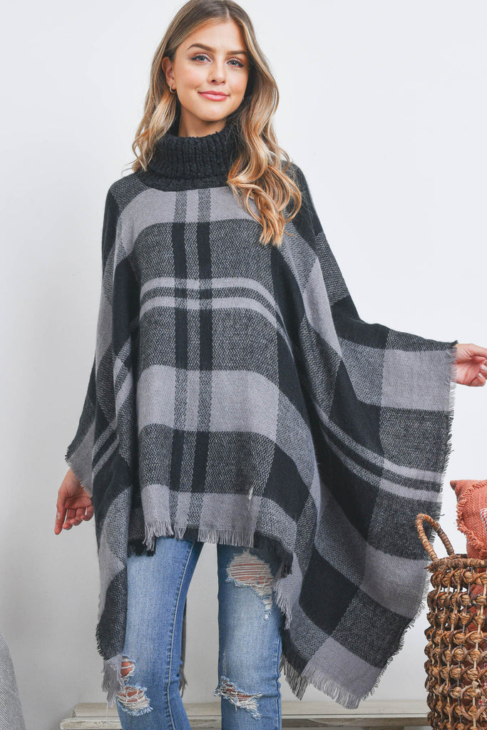 PLAID KNITTED TURTLEKNECK PONCHO