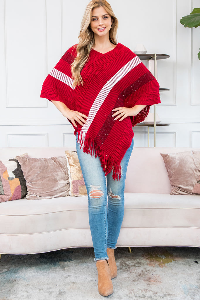 HDF3835 - Stripe Knit Fringe Poncho