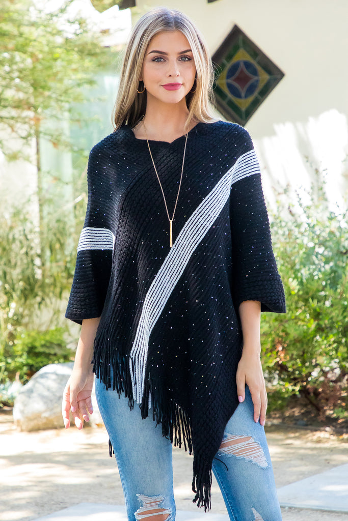 HDF3835 - Stripe Knit Fringe Poncho
