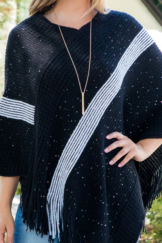 HDF3835 - Stripe Knit Fringe Poncho