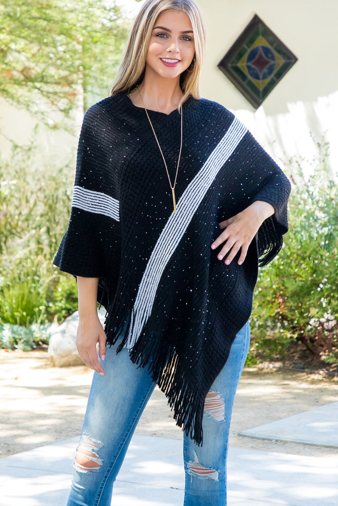 HDF3835 - Stripe Knit Fringe Poncho